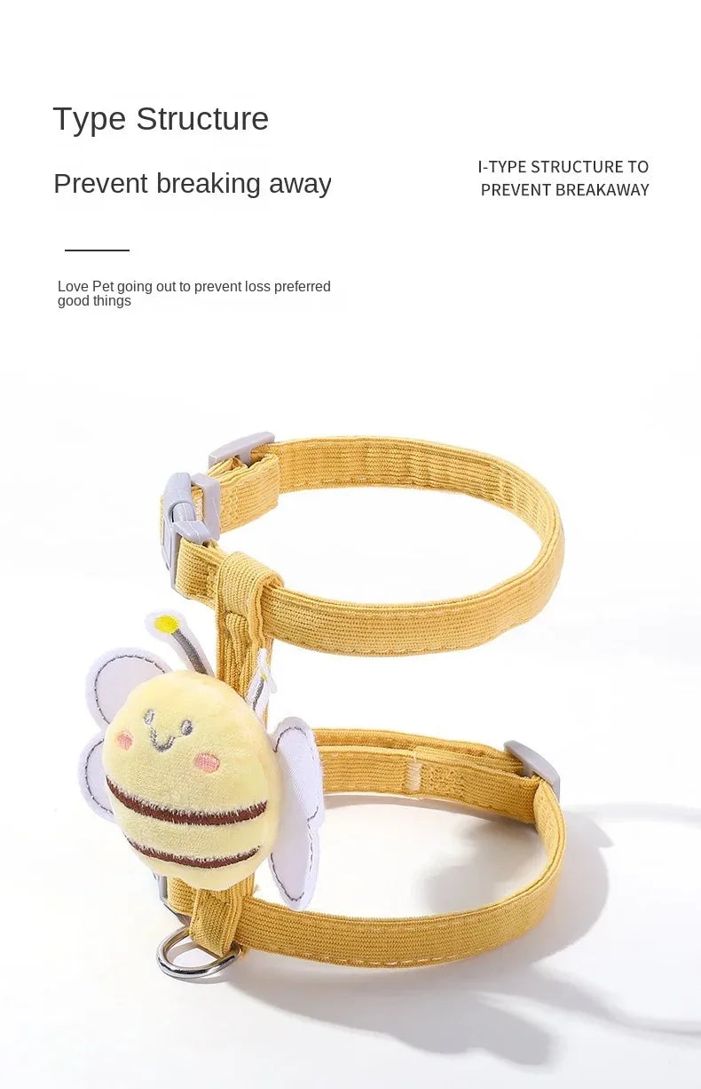 Cat Harness Leash Collar Set Adjustable Cartoon Bee Double Layer Dog Harness for Small Medium Pet Collar Leash Outdoor Walking