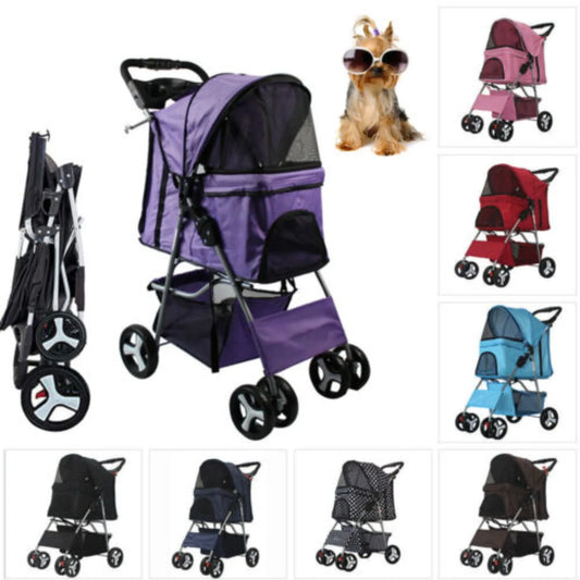 US Pet Dog Stroller, 4 Wheel, Foldable, Cat, Puppy, Travel Carriage with Storage Basket