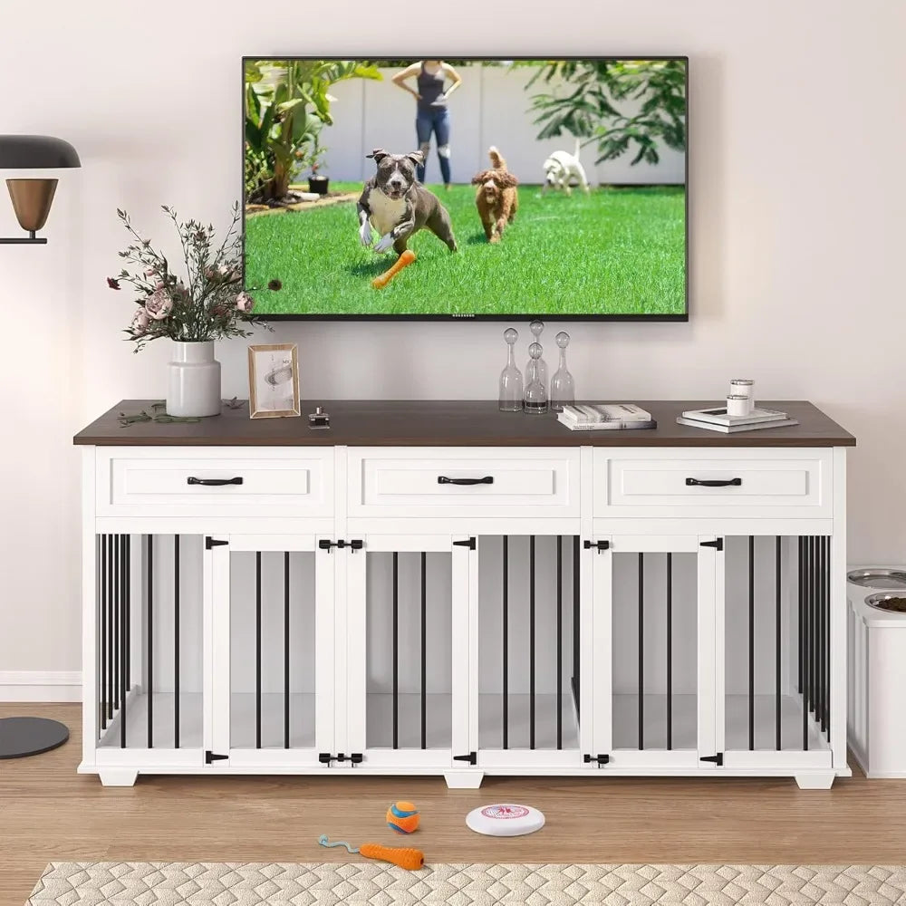 Dog Crate Furniture for Large Medium Small Dogs, 71 Inch Wooden Large Dog Kennel with Drawers, 3 Rooms & Removable Dividers