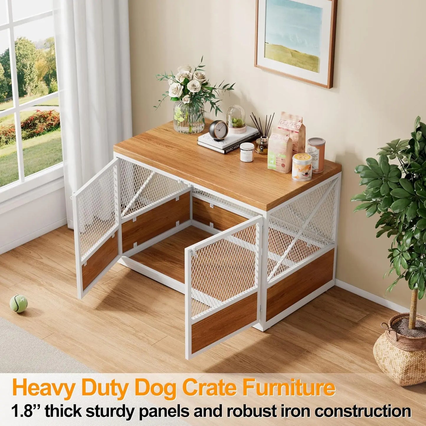 Heavy Duty Large Dog Crate Furniture, 38 Inch Wooden Dog Crate with Double Doors, Indoor Dog Kennel Furniture, Decorative Pet