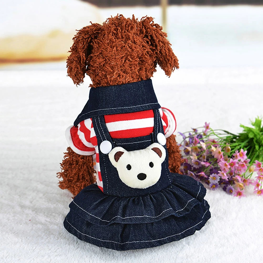 Spring Summer Pet Dog Clothes Striped Bear Cute Cat Dog Strap Denim Skirt for Puppy Yorkie Chihuahua Dresses Pet Clothing