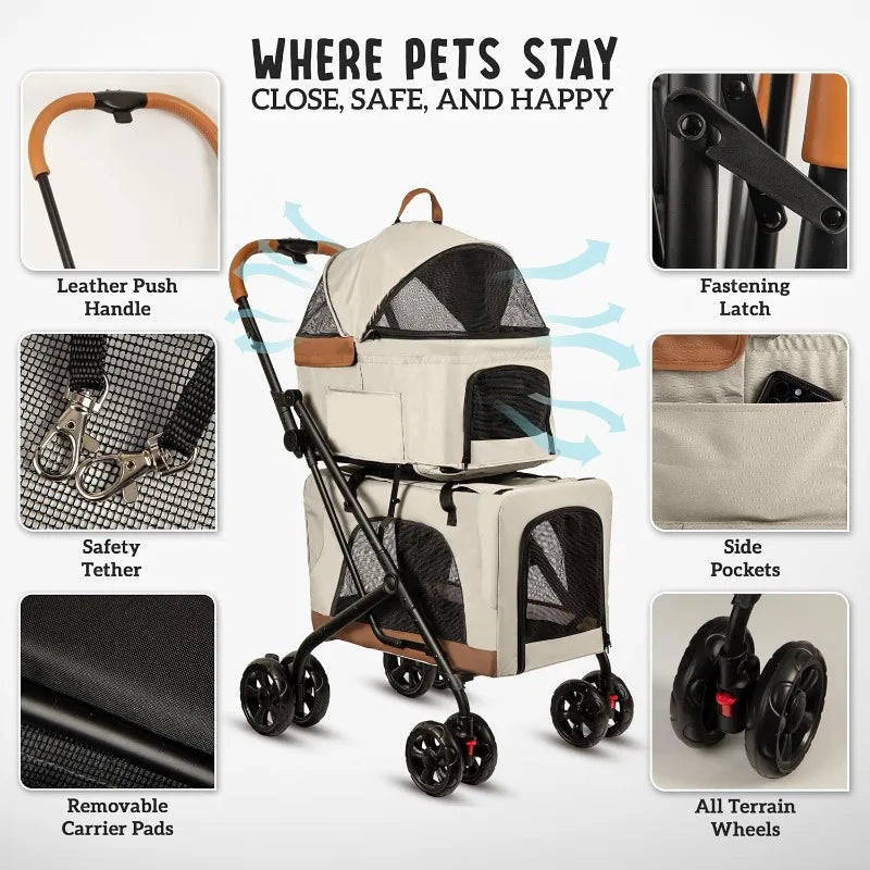 Double Pet Stroller with Detachable Carrier Ideal for 2 Dogs or Cats Compact Convenient Design Easy Assembly Double Dog Stroller