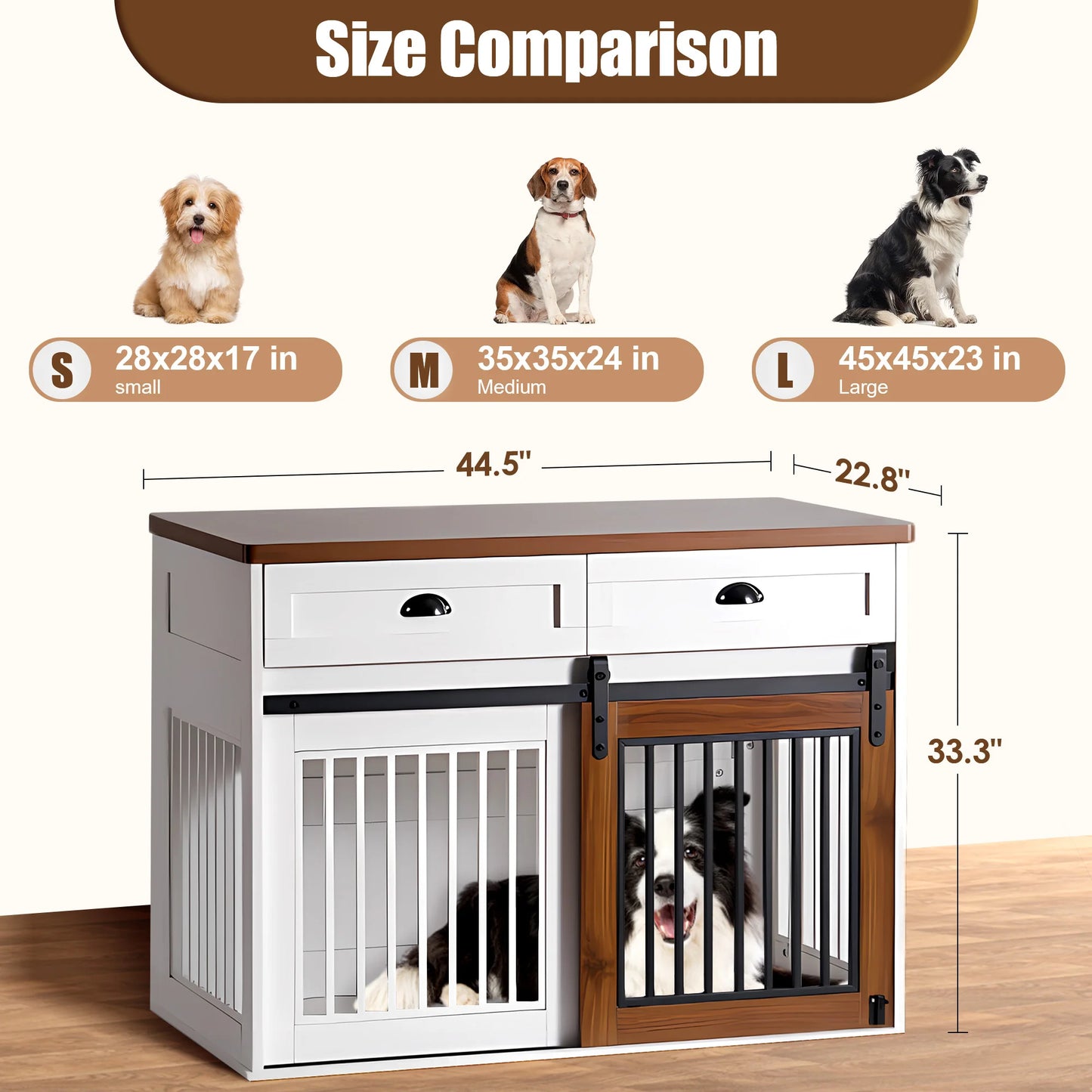 Heavy Duty Furniture Style Dog Crate Two Separate Drawers Large Storage Space Thicken Desktop Wooden Double Door Sideboard