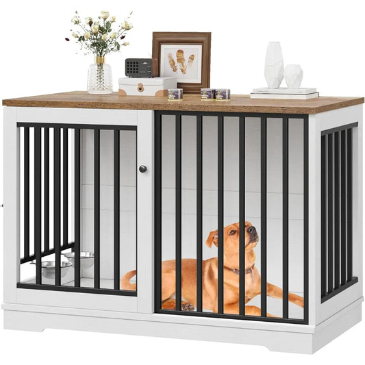 Dog Crate Furniture 47" Large Dog Kennel, Heavy Duty Dog Cage with Sliding Door and 2 SUS Bowls Wooden End Table in Living Room