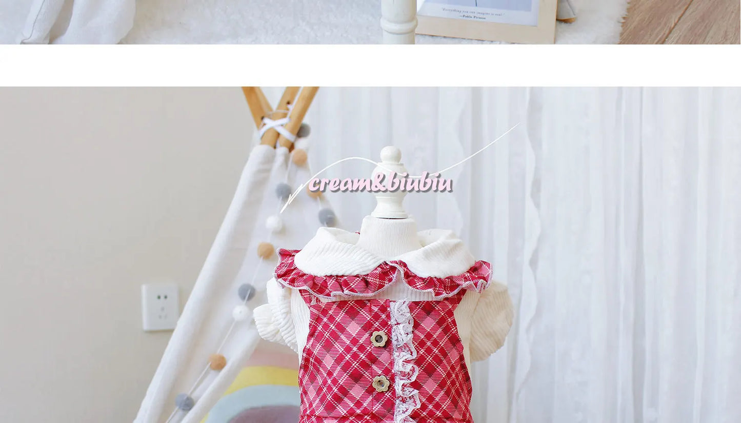 Pet Dog Clothes Red Plaid Suspender Dress for Dogs Clothing Cat Small Fake Two Pieces Cute Winter Chihuahua Pet Products 2023