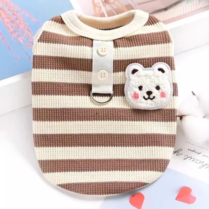 Pets Cat and Dog Clothes, Waffle Grid Vest for Spring/Summer, Striped T-Shirt with Leash for Small Dogs, Summer Outfit