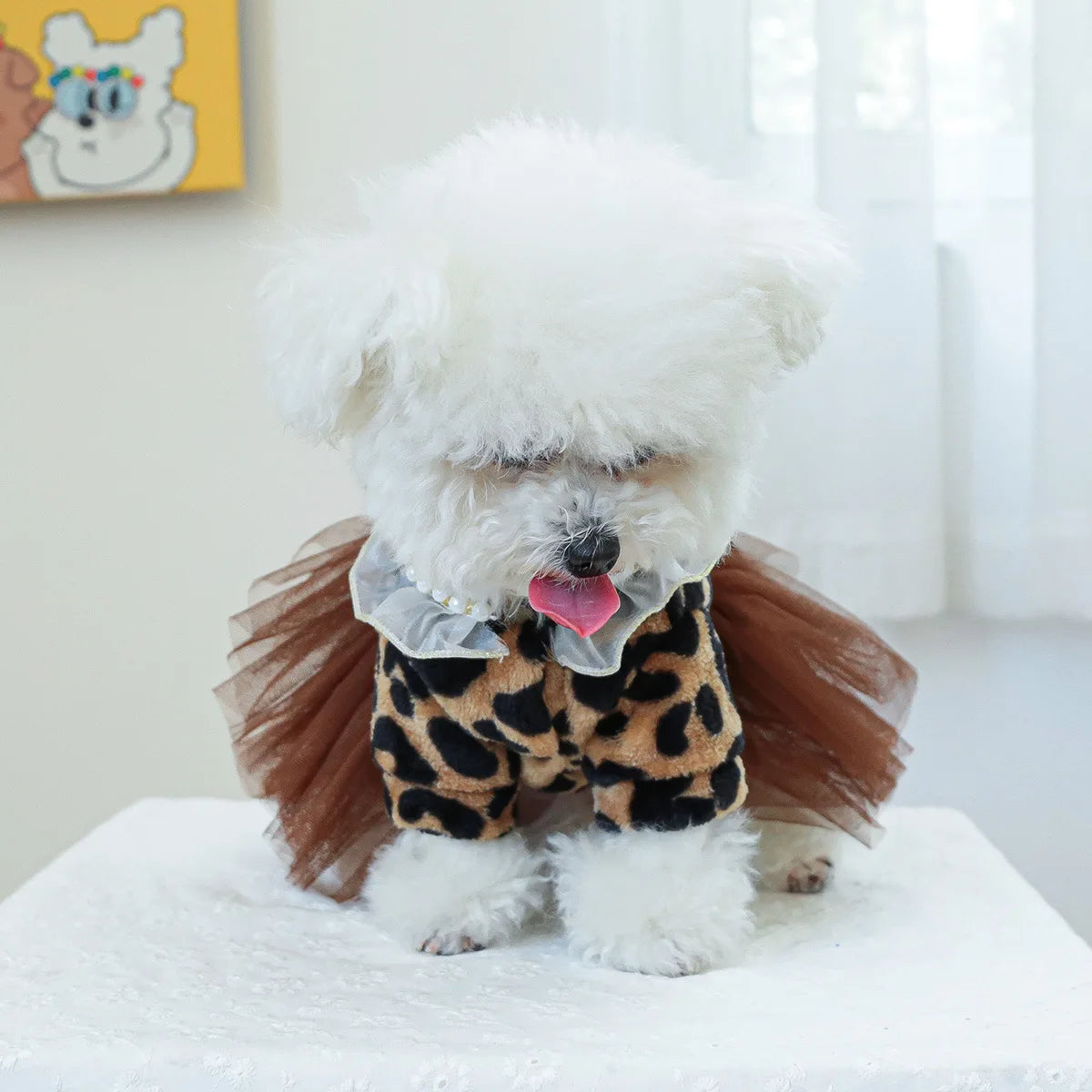 Pet Plush Mesh Splicing Dress for Dogs Cats Cute Warmth Leopard Pattern Wedding Dress Cute Pearl Bow Coat for Small Dogs