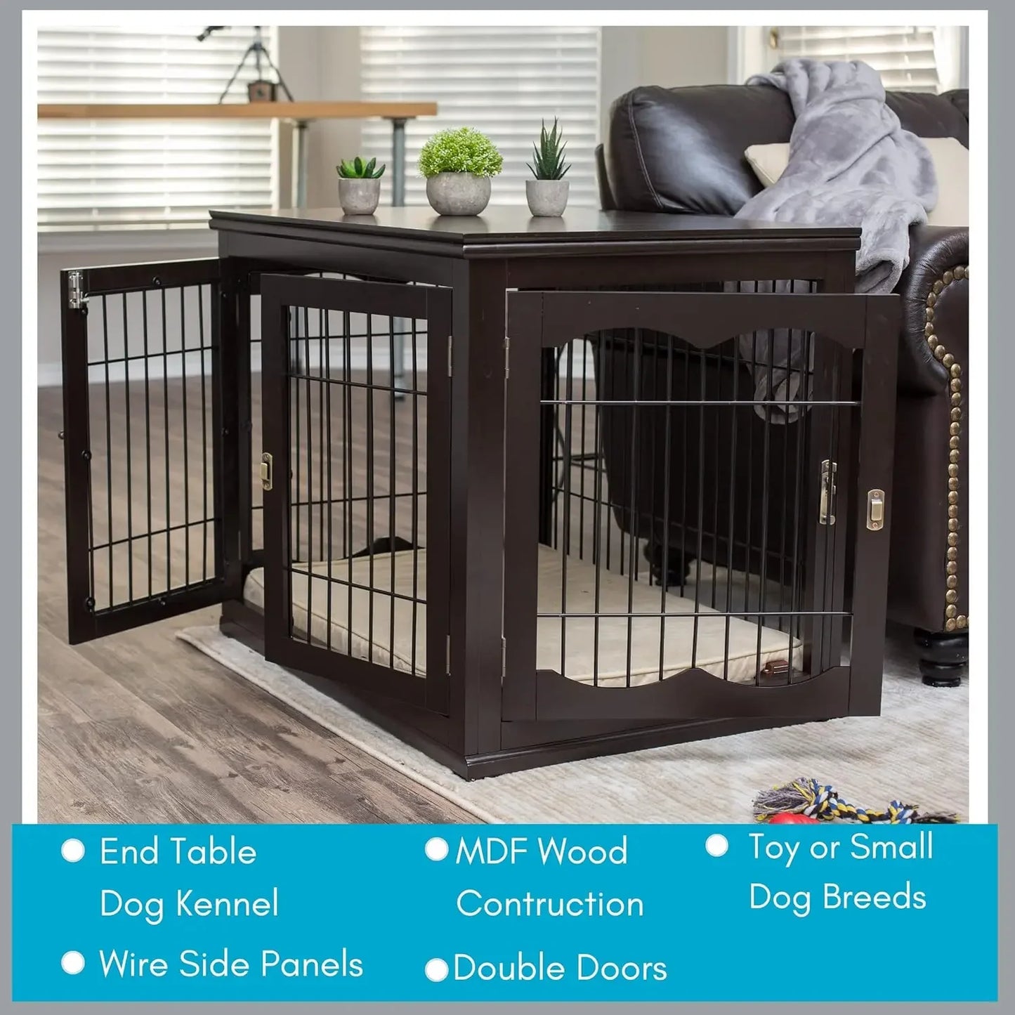 Decorative Dog Kennel with Pet Bed, Small Pet House, Double Door Indoor Crate, Engineered Wood & Wire Furniture, Side Table