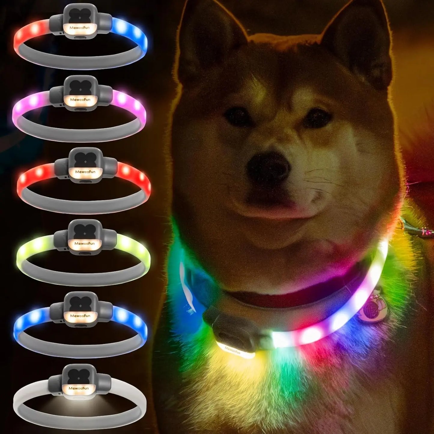 Mewoofun Light Up Dog Collar LED with USB Rechargeable Glow in The Dark Waterproof Dog Necklace with 6 Flashing Modes for Dogs