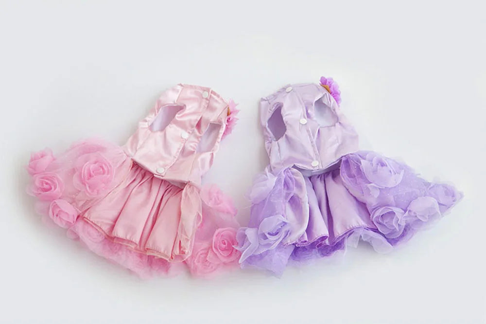 Pet Small Dog Wedding Dress with Bowknot Birthday Party Costume Satin Rose Pearls Girl Formal Dress for Puppy Dog Cat Tutu Dress