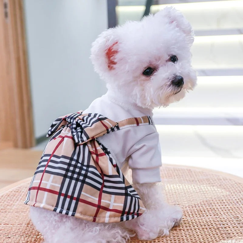 1PC Pet Clothes Cat Spring/Summer Thin White Spliced Bow Plaid Dress Suitable for Small and Medium Dogs