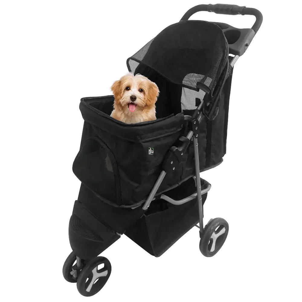 US 3-wheeled pet cart foldable dog cart cart cat /dog strap with cup holder black-