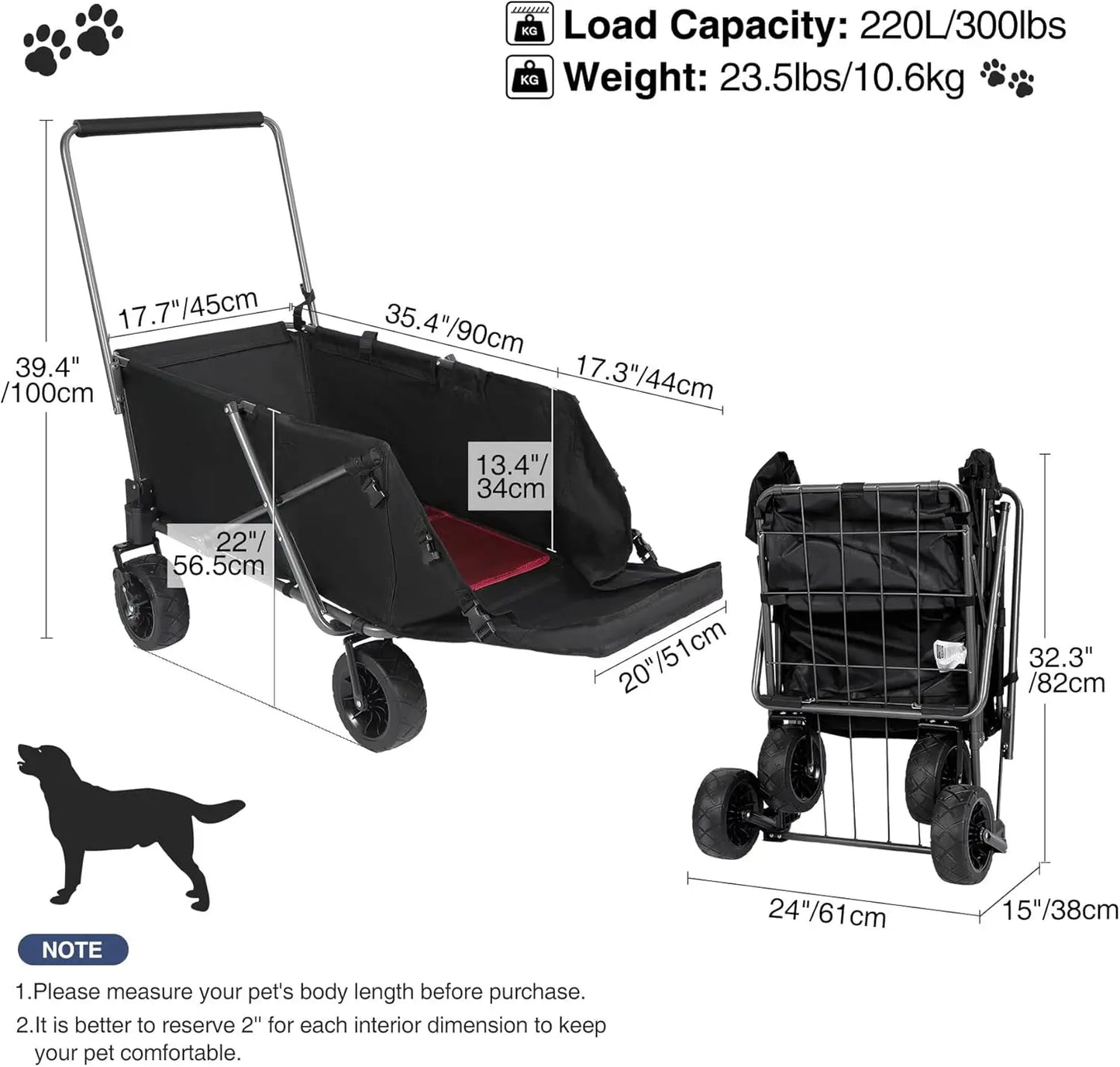 Folding Dog Wagon Cart with Extendable Rear End Heavy Duty, 220L Large Collapsible Utility Cart Dog Stroller with Tailgate for S