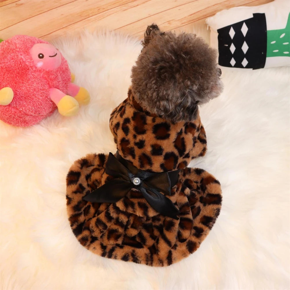 Winter Pet Clothes Elegant Luxury Fur Dress Warm Overcoat Small Dog Cat Clothes Bowknot Leopard Chihuahua Princess Party Dress