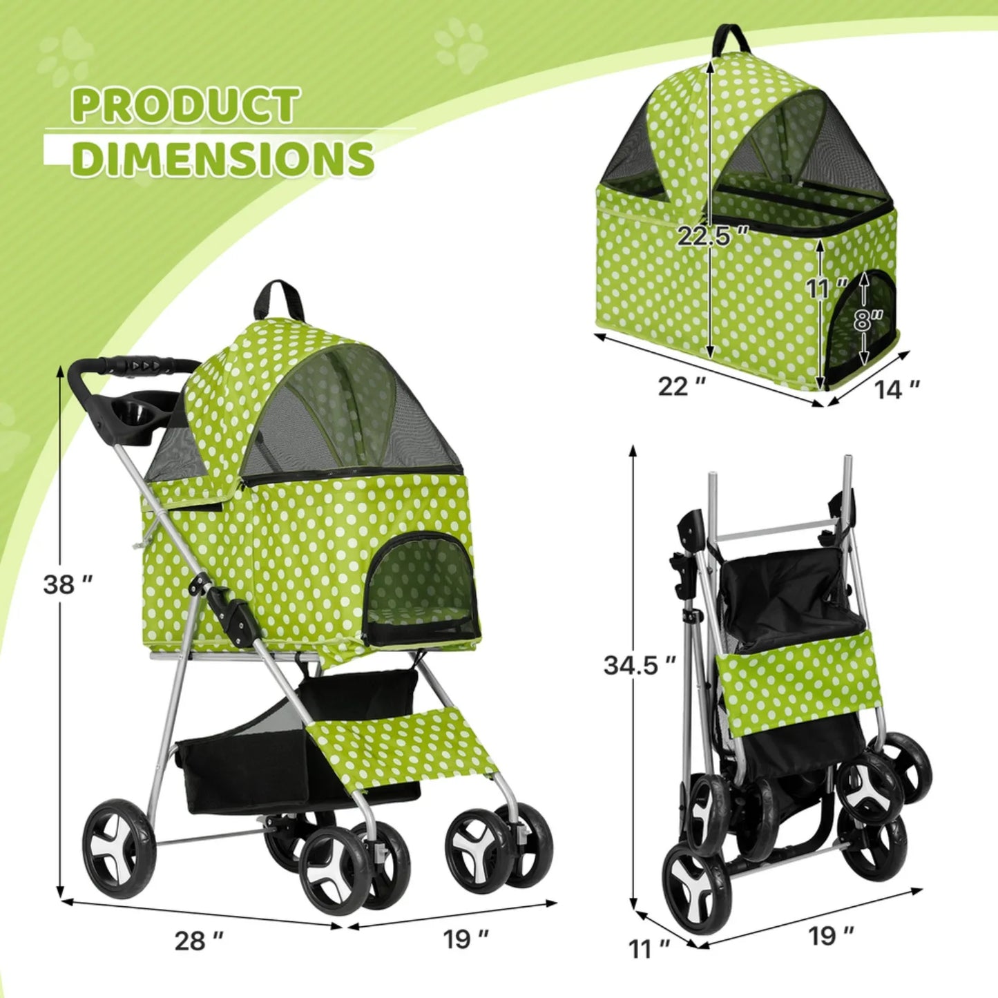 US Foldable Pet Stroller Dog Stroller Removable Travel Carrier+Cup Holder 4 Wheels