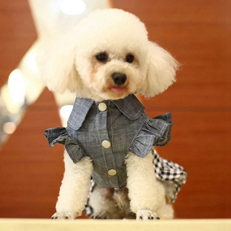 Fashion Dog Clothes Denim Plaid Dress For Small Medium Dogs Cat Spring Summer Pet Clothing Dog Costume Supplies Skirt Pet Suppli