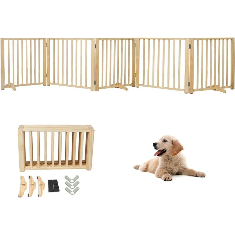 Freestanding Wooden Dog Gates -Foldable Pet Gate Indoor Dog Fence, Dog Gate for Doorways, House, Stairs, Halls-3 Panel