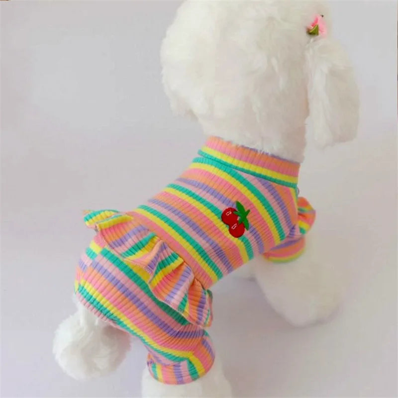 Rainbow Strip Puppy Clothes Cherry Pattern Dog Hoodies Jumpsuit Princess Pajamas For Small Medium Dogs Yorkshire Pet Cat Pyjamas