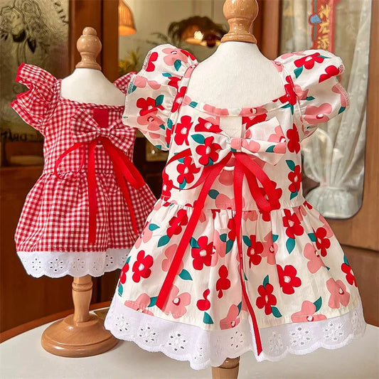 Pet Clothes Flutter Sleeve Three-color Dress Spring Summer Teddy Bear Corgi Puppy Cat Apparel