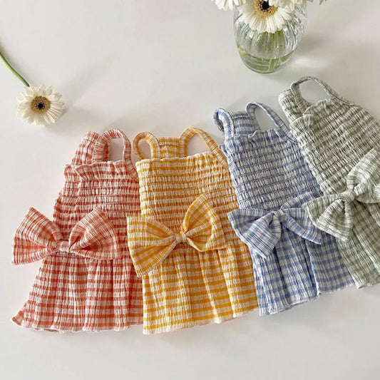 Dog Suspender Skirt Puppy Summer Clothes Bow Plaid Dog Vest Pet Striped Dog Dress Chihuahua Bichon Kitten Pink Girls Dog Costume