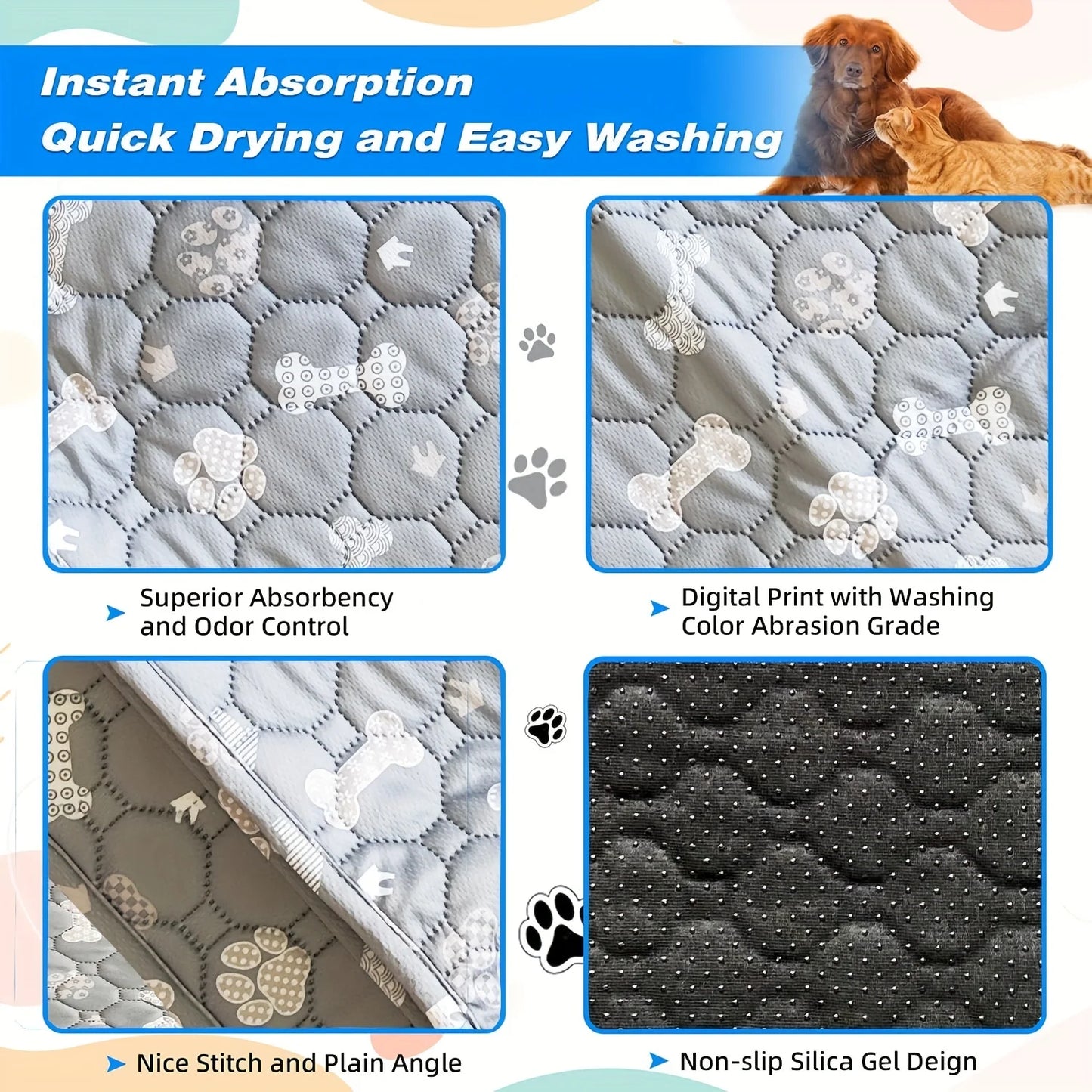 4 Layer Washable Dog Pee Pad, Pet Cat Training Pads, Reusable Puppy Whelping Pads,Protective Non-slip Blanket Mats for dog cage