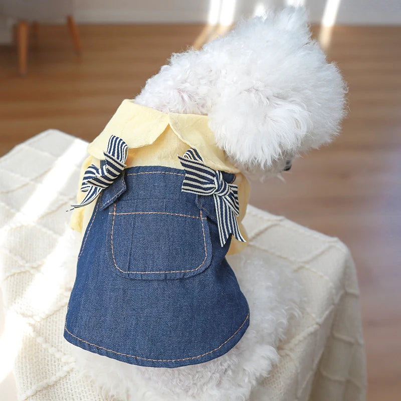 1PC Pet Apparel Spring/Summer/Autumn Thin Yellow Denim Bow Strap Princess Dress Suitable for Small and Medium sized Dogs