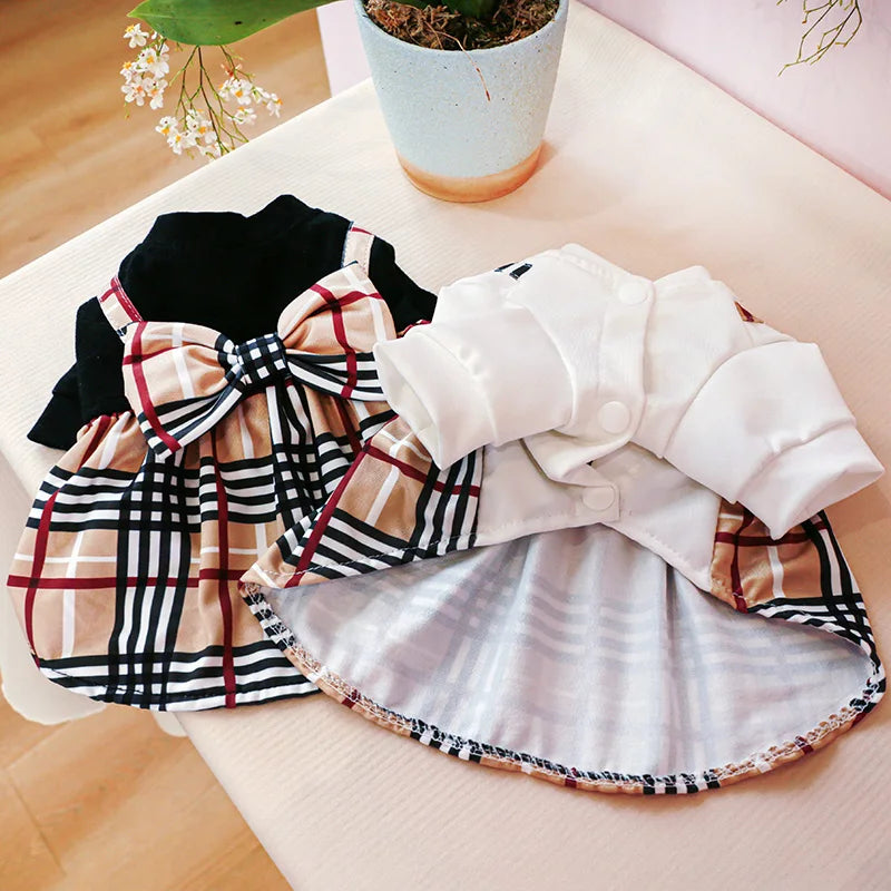 Pet Dog Cat Clothes Spring Summer Dress Big Bow Plaid Puppy Floral Print Skirt Casual Tutu Coat Dress For Small Dog Pet Apparel