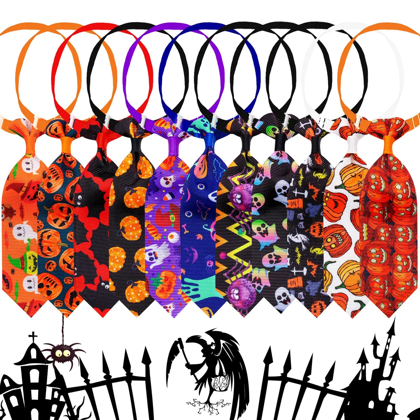 10PCS Adjustable Pet Bowties For Dogs and Cats Halloween Pumpkin Print Funny Dog Bow Tie Necktie Pet Dog Grooming Accessories