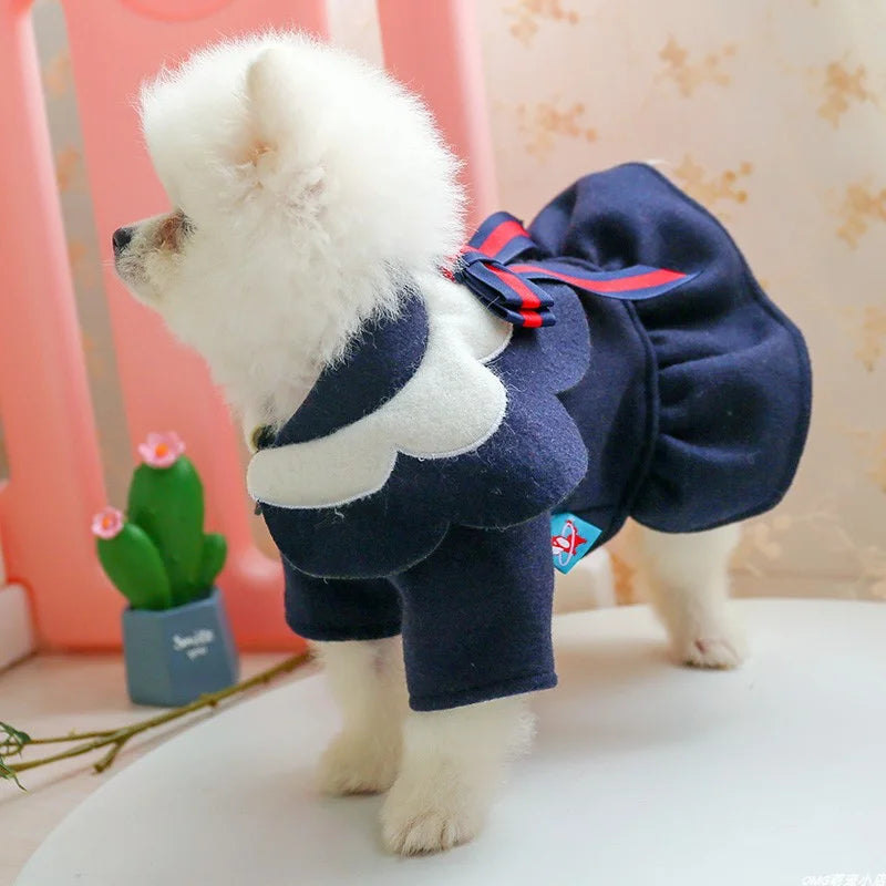 1PC Pet Clothes Cat Autumn/Winter Thickened Petal Collar Bow Princess Dress Navy Blue Suitable for Small and Medium Dogs