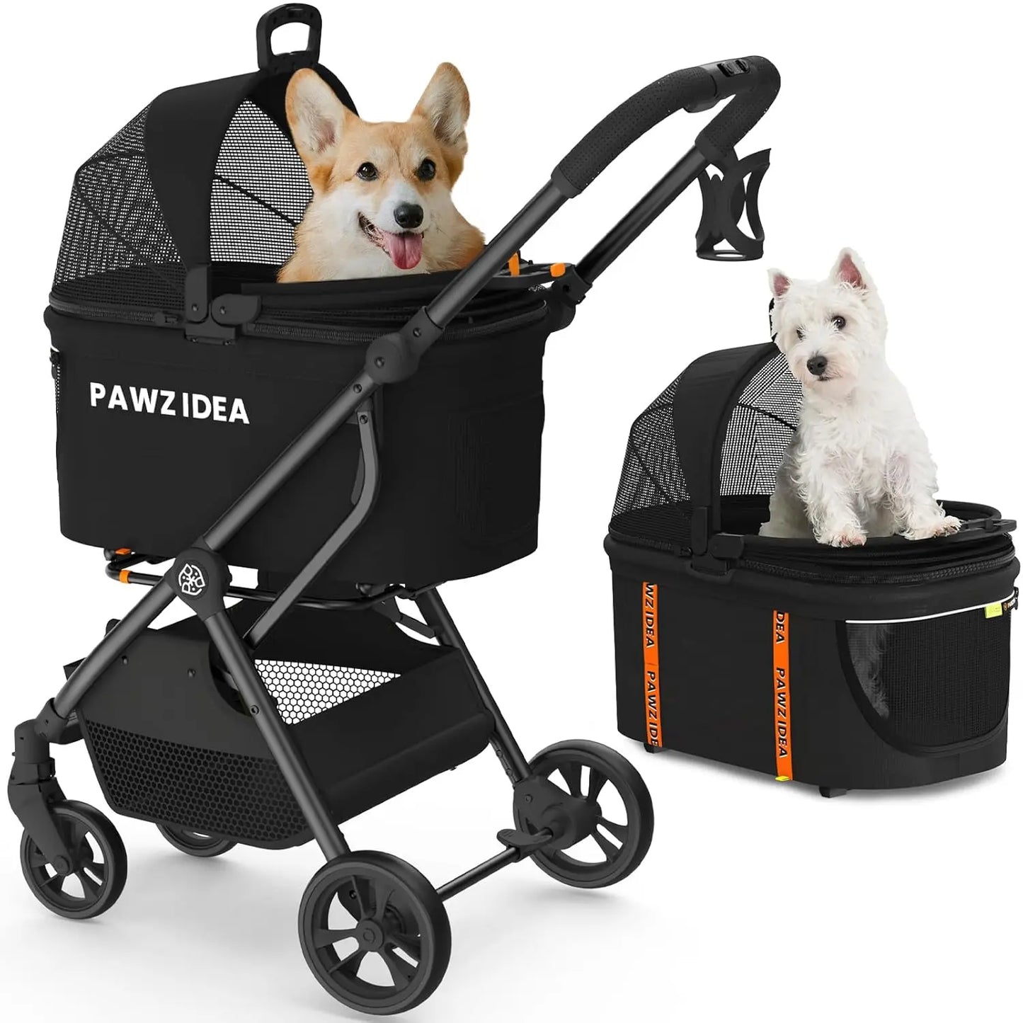 PAWZIDEA Dog Stroller 4 in 1, Pet Stroller for Cats with Detachable Carrier for Small/Medium Dogs/Cats, Seatbelt Car Seat Combo