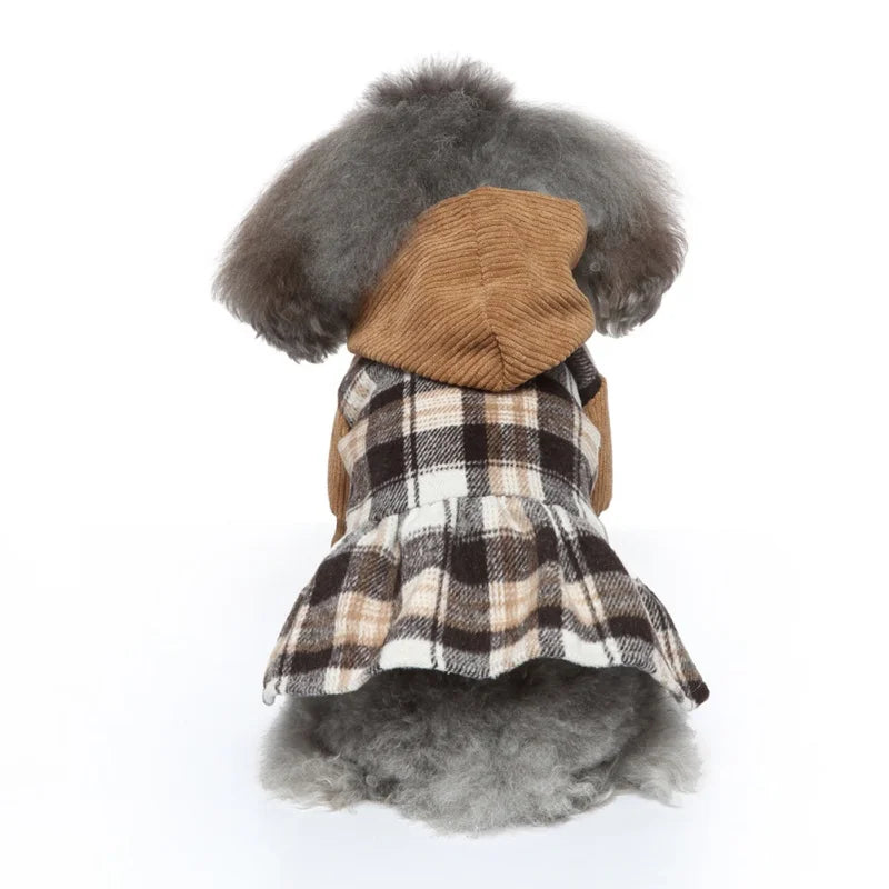 Plaid Dog Hoodie Dress Warm Soft Dog Sweater Skirt Outfit with Hat Autumn Winter Pet Coat Clothes for Small Medium Puppy Outfits