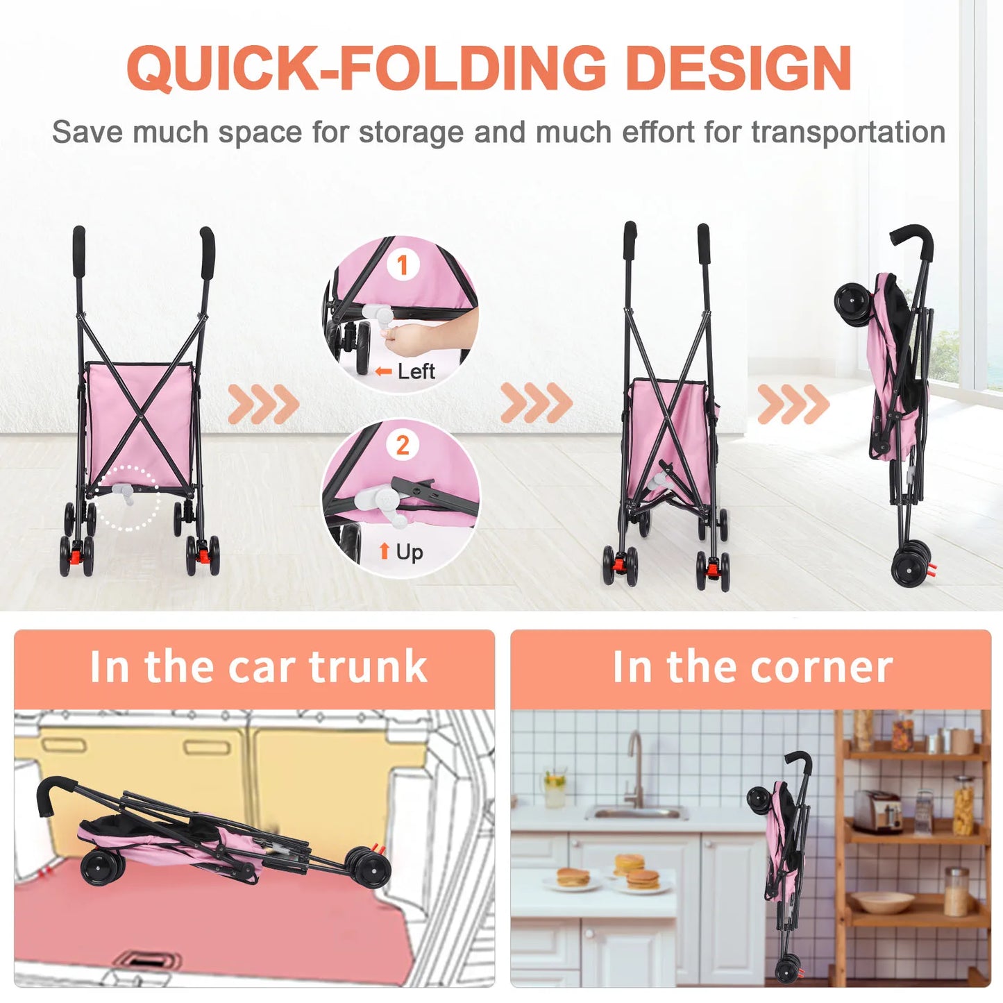 33lbs 4 Wheels Dog Stroller Rotate Pink  Pet Puppy Stroller Holder for Dogs Cat Travel Hand Cart Folding Shopping Trolley