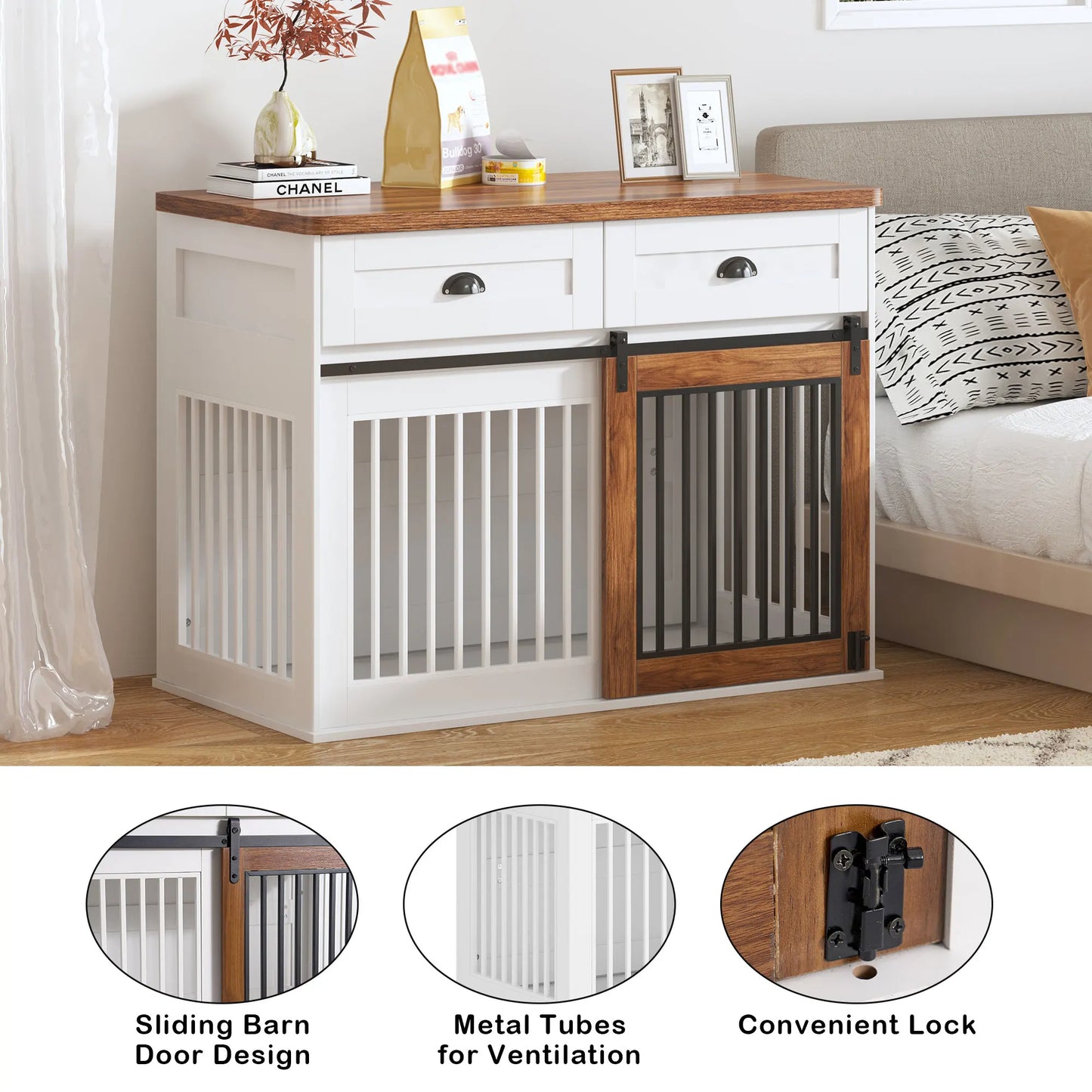 Heavy Duty Furniture Style Dog Crate Two Separate Drawers Large Storage Space Thicken Desktop Wooden Double Door Sideboard