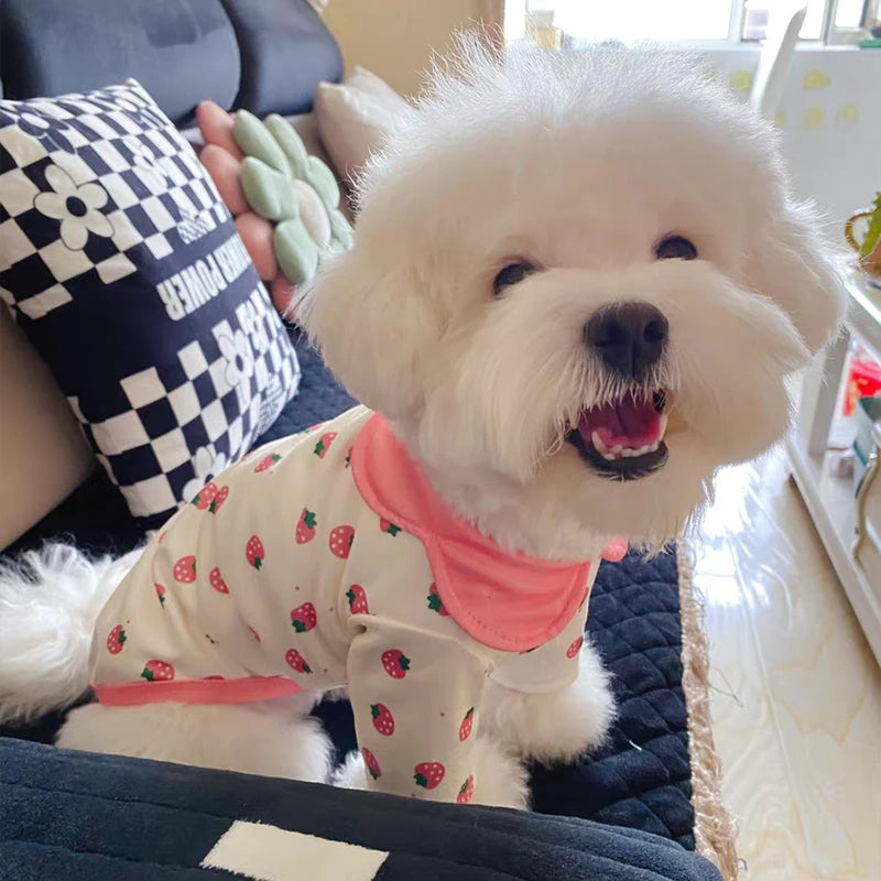 Strawberry Print Dog Clothes Pink Pet Dog Vest Cute T-Shirt Puppy Costume Cat Dog Polo Shirt Chihuahua Bichon Girls Dog Pullover