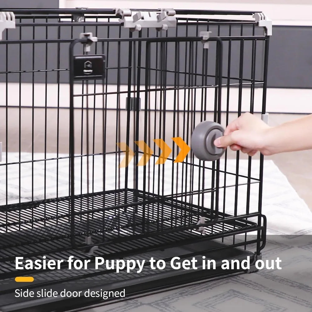 Black thick metal indoor wire cage with double doors and detachable tray, suitable for small dogs weighing less than 25 pounds