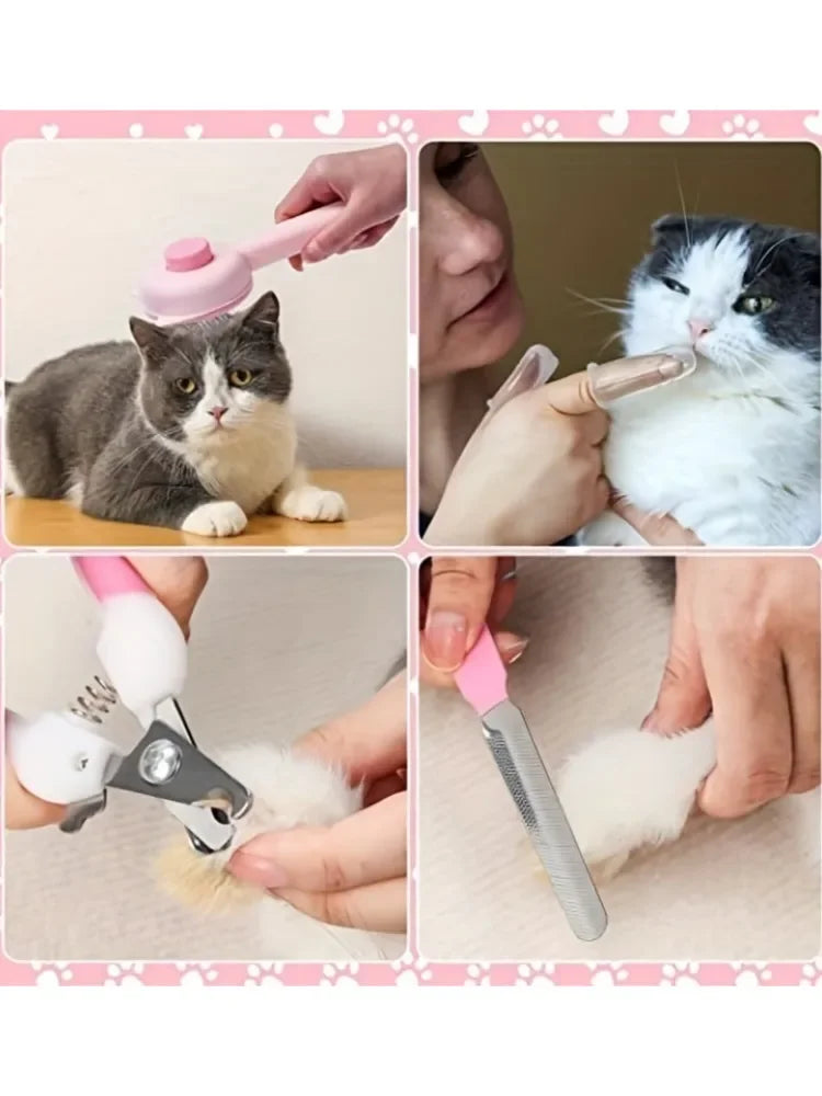 8Pcs Cat Brush Beauty Kit With Pet Nail Clippers And Files Pet Self-Cleaning Kit Flea Comb Pet Shampoo Bath Brush Pet Sheddin