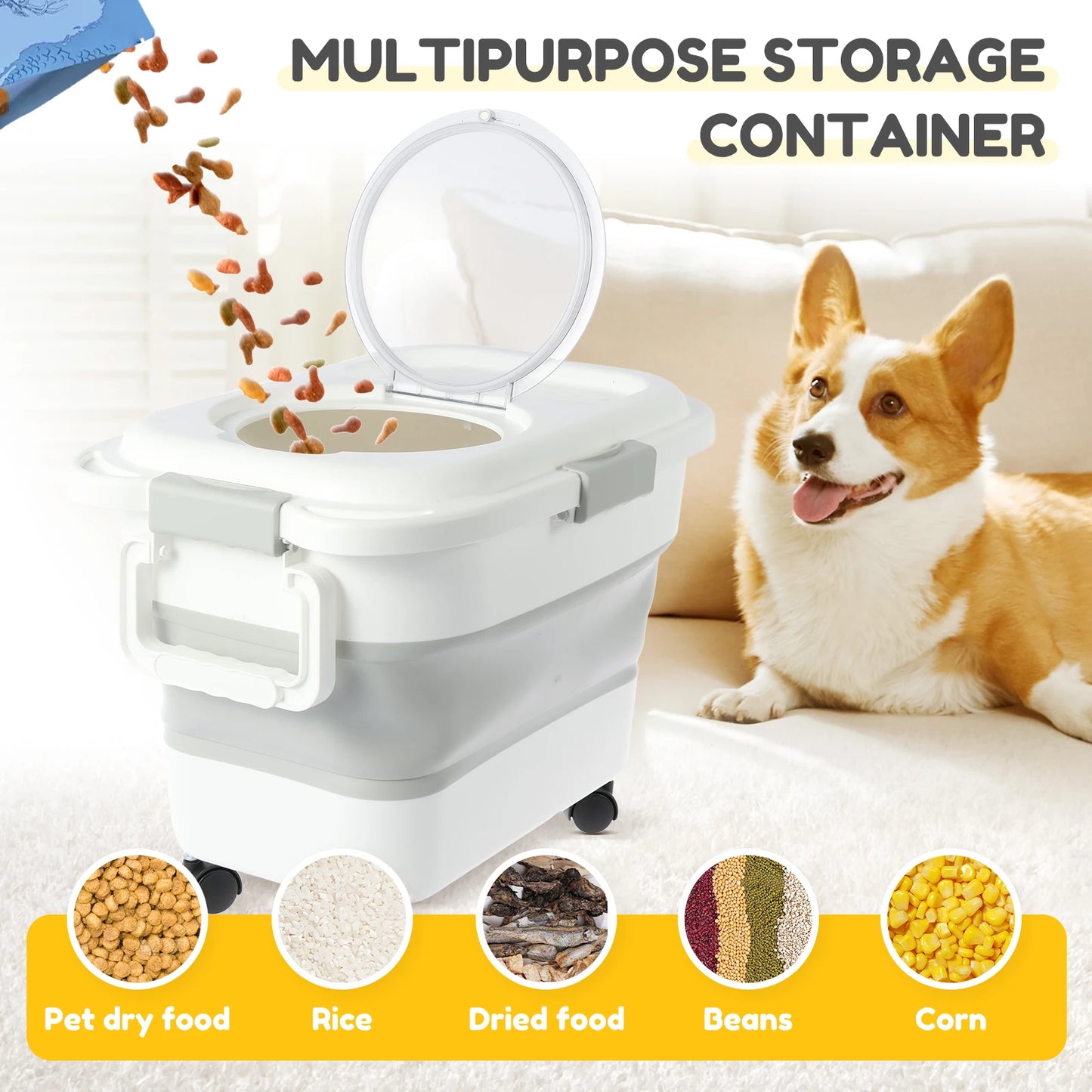 Collapsible Pet Food Storage Container Cat Dog Food Barrel Airtight Sealing Grain Rice Storage Boxes with Removable Wheels