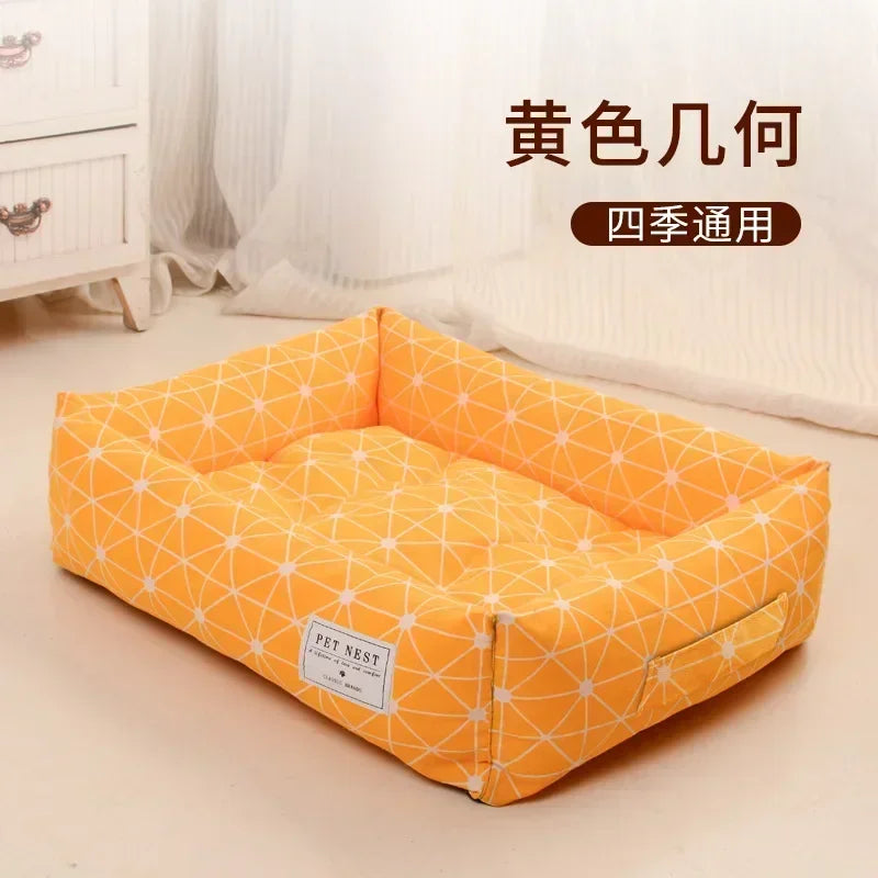 Plaid Printing Soft Removable&Washable Dog Bed Fabric Skin-Friendly Cotton&Linen Breathable Pet Sofa Square Cat Litte Dog Bed