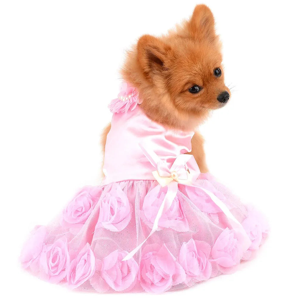 Pet Small Dog Wedding Dress with Bowknot Birthday Party Costume Satin Rose Pearls Girl Formal Dress for Puppy Dog Cat Tutu Dress