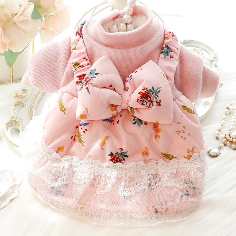 Vêtements pour chiens automne hiver robe chat princesse jupe rose bleu nœud papillon floral vêtements rembourrés en coton vêtements chauds pour animaux de compagnie