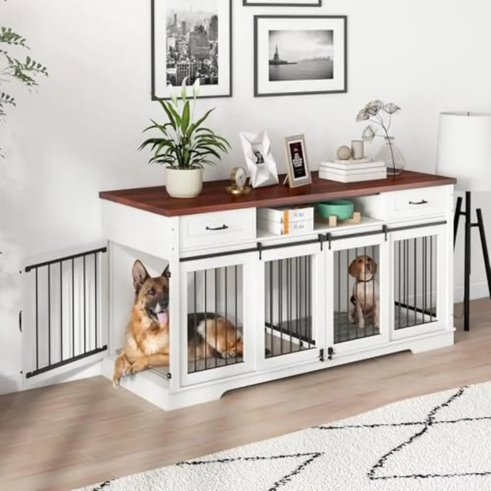 Jaula grande de madera para perros, mueble con divisor extraíble, resistente perrera de granja de 71 pulgadas, soporte para TV para 2 perros, organizador de correa y juguetes