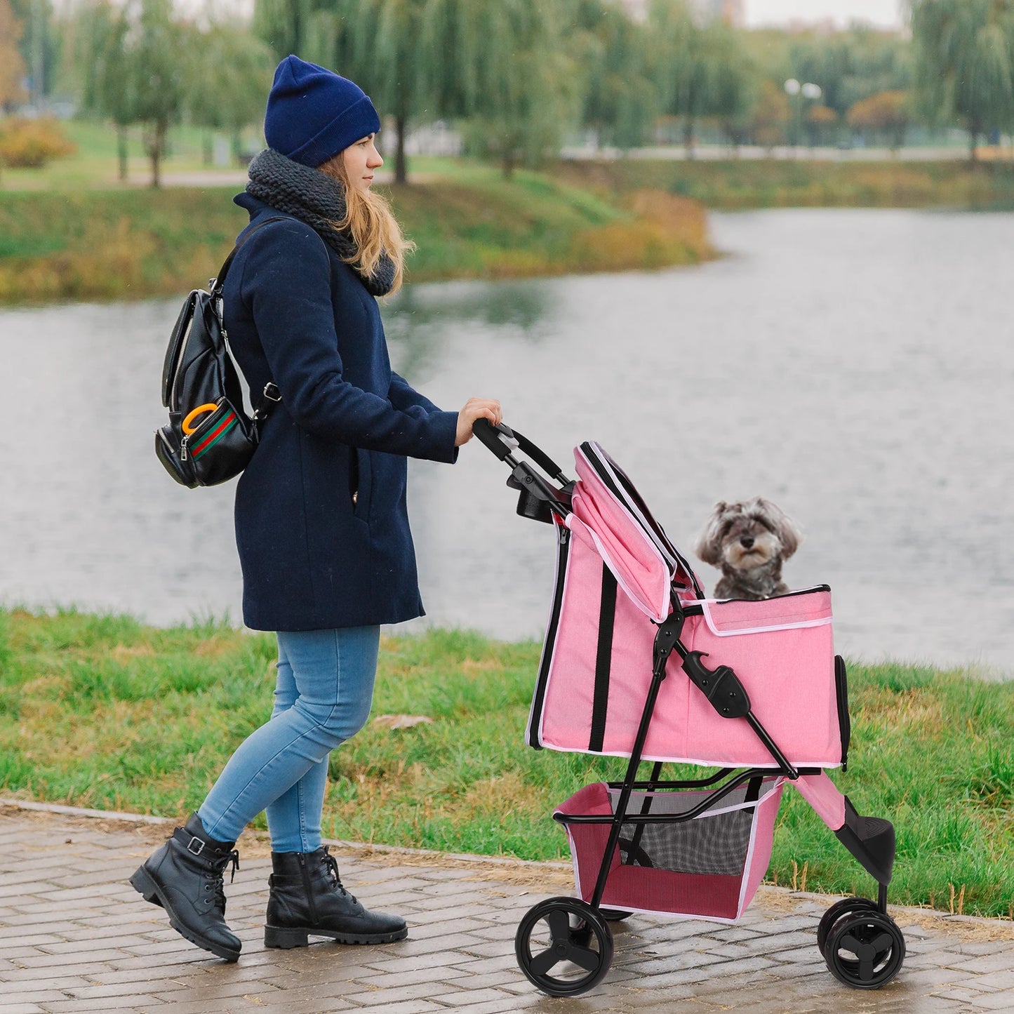 carreola para mascotas perro 3 Wheel Foldable Cat Dog Stroller with Storage Basket, Handle 360° Pet Dog Stroller