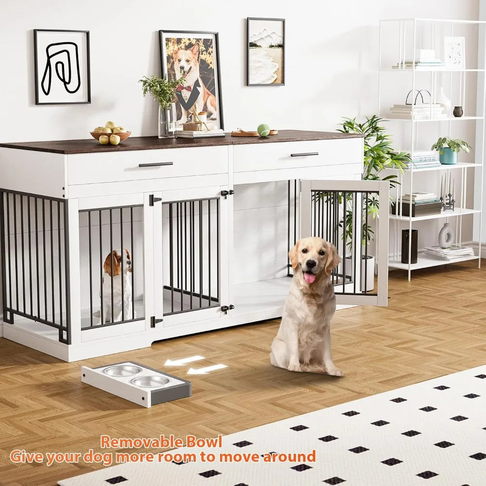 72" Dog Crate Furniture for 2 Dogs, Large Dog Kennel Furniture with 2 Storage Drawer and Removable Divider, Wooden Dog