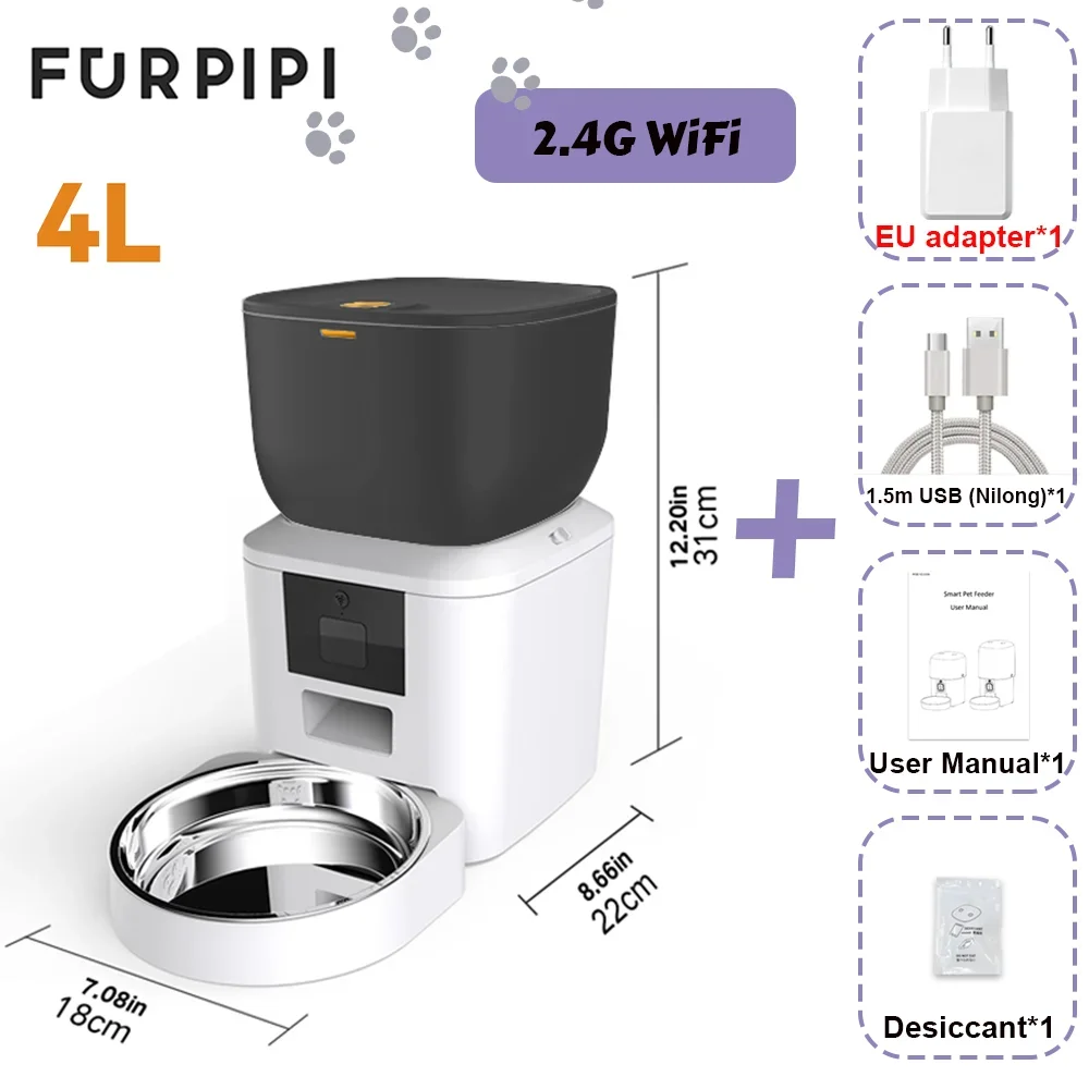 Automatic Feeder for Cats Dogs with Camera HD 4L/8L Furpipi HD 1080P 2.4G/5GWiFi Time Setting Feeder for Pets Dogs Cats Bowls