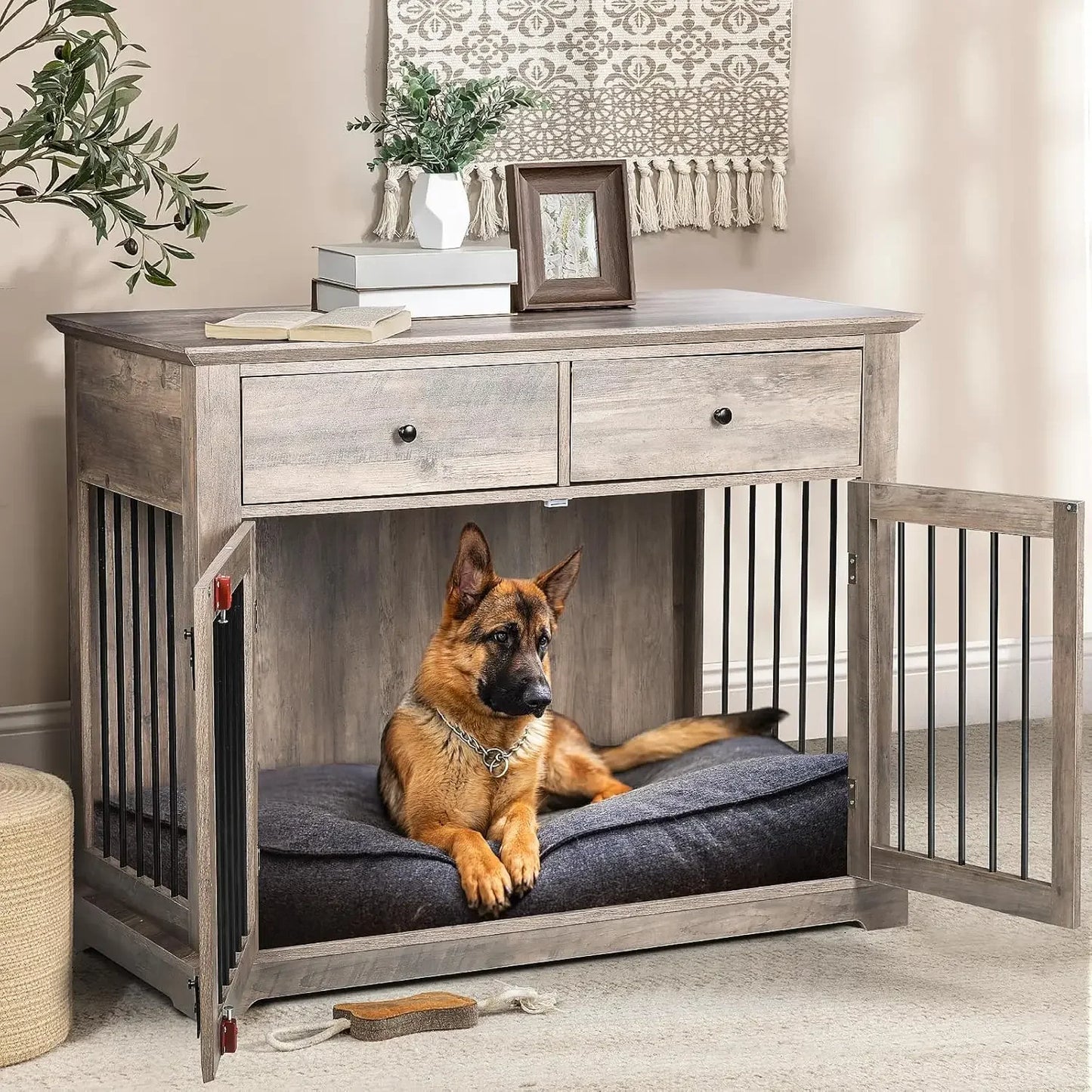 44 Inch Large Dog Crate Furniture, Wooden Dog Kennel End Table with Storage Drawers, Decorative Pet Crates Dog House Indoor