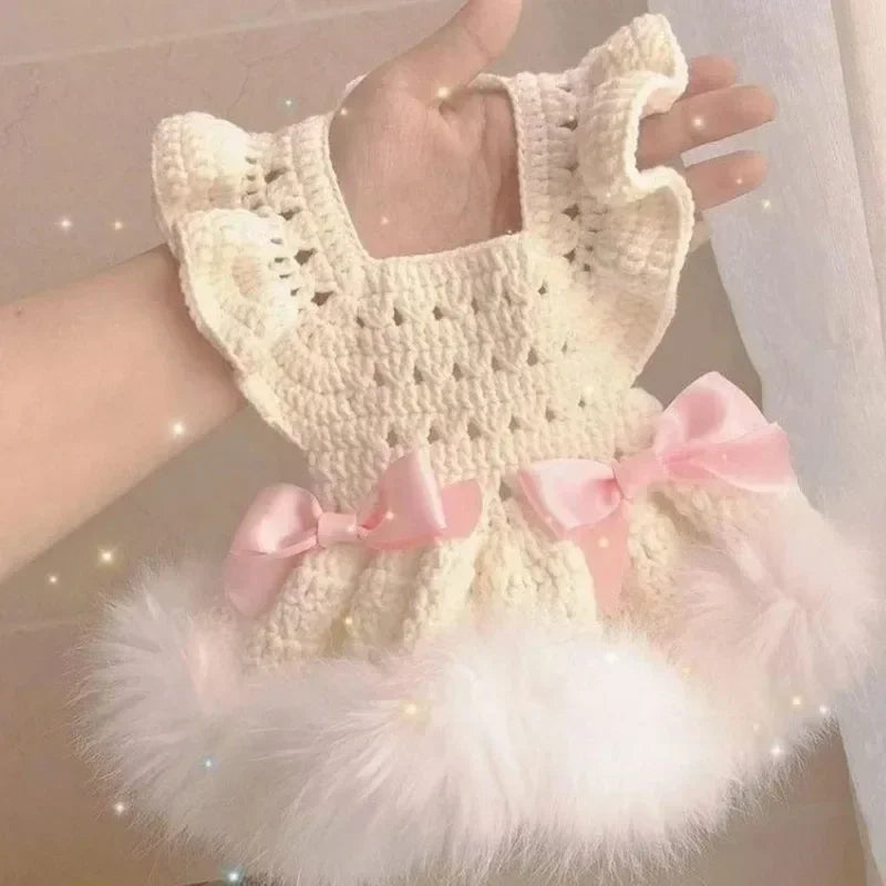 Cat and Dog Dress Autumn Winter Princess Dress Pink Blue Bow Hollow Out Sweater Dress  Fashion Two Legged Pet Clothing