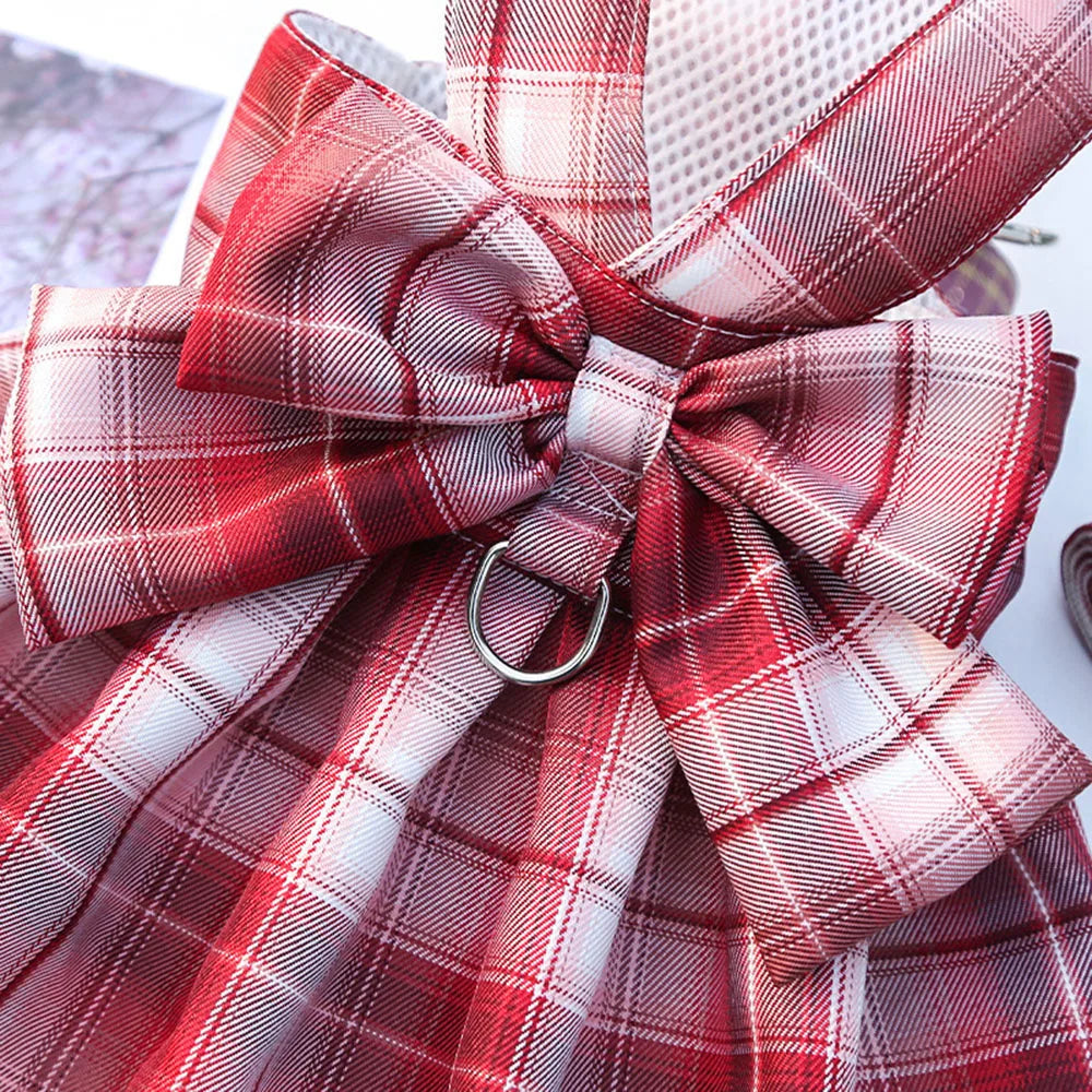 Dog Dresses for Small Dogs Girl Plaid Dog Dress Bow Tie Harness Leash Set Puppy Cute Bow Skirt Pet Outfits Yorkie Accessories