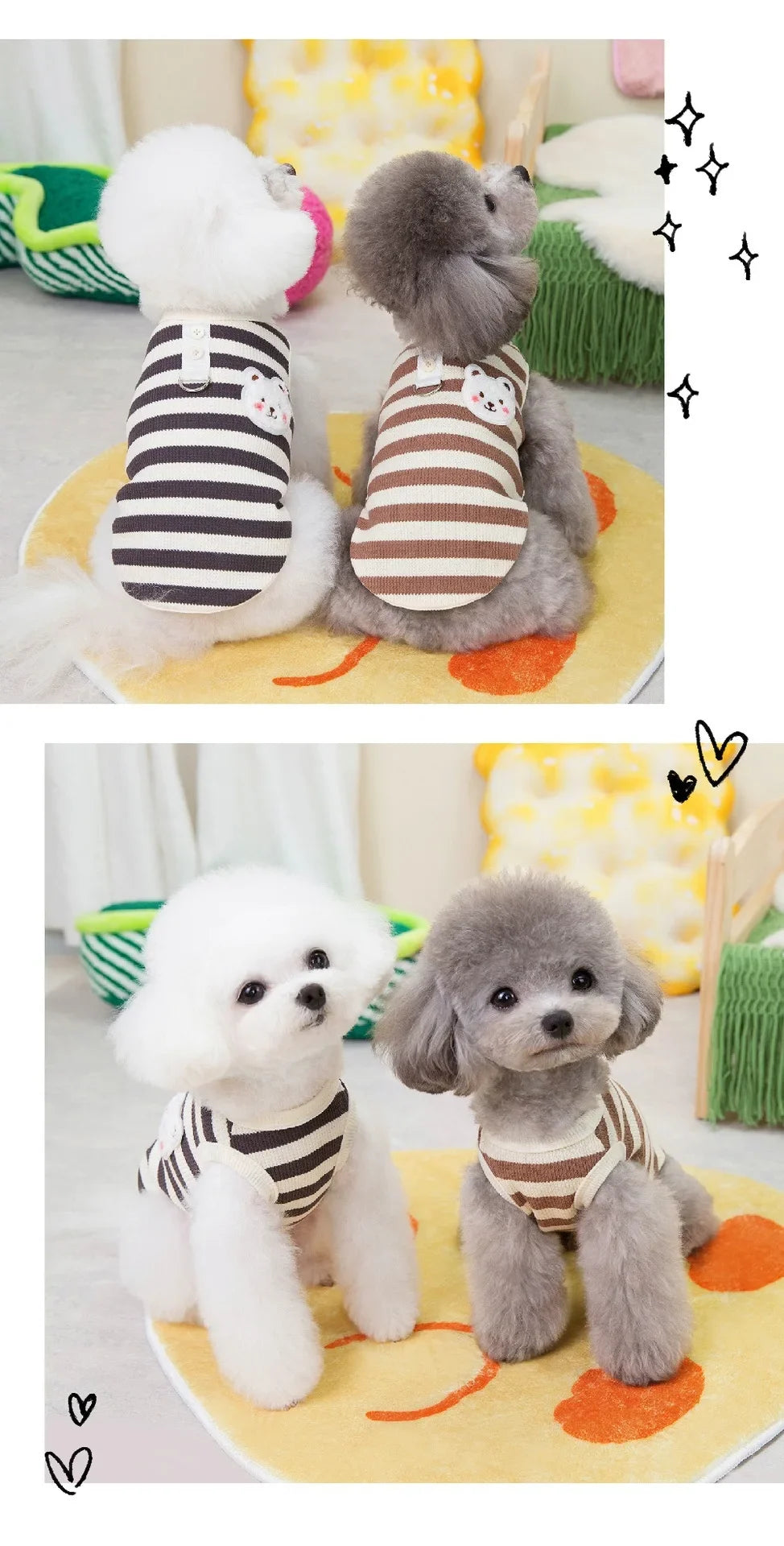 Pets Cat and Dog Clothes, Waffle Grid Vest for Spring/Summer, Striped T-Shirt with Leash for Small Dogs, Summer Outfit