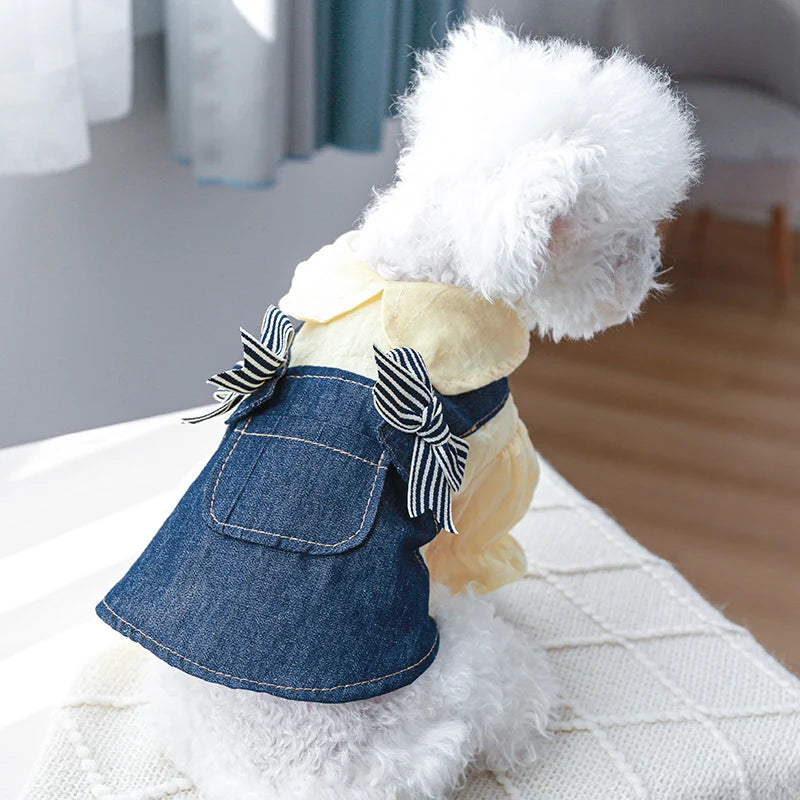 1PC Pet Apparel Spring/Summer/Autumn Thin Yellow Denim Bow Strap Princess Dress Suitable for Small and Medium sized Dogs