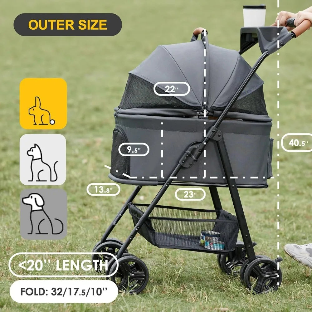 3 in 1 Folding Dog Stroller,Pet Folding Stroller,4 Wheels Dog/Cat Puppy Stroller w/Removable Travel Carrier for Small/Medium Pet